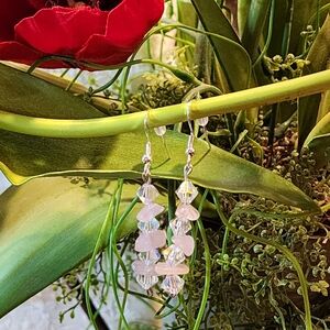 Dangle Drop Earrings Pink Quartz And AB Glass Beads 2"
